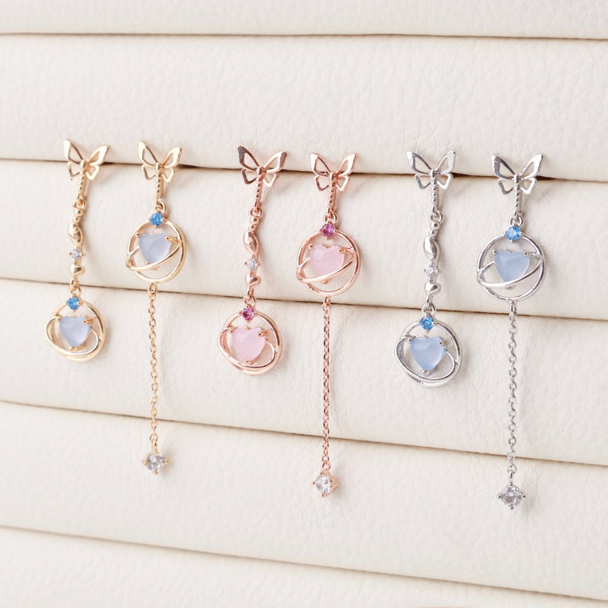 Mis-matched Heart Planet Chain Drop Dangle Earrings - 2 colors