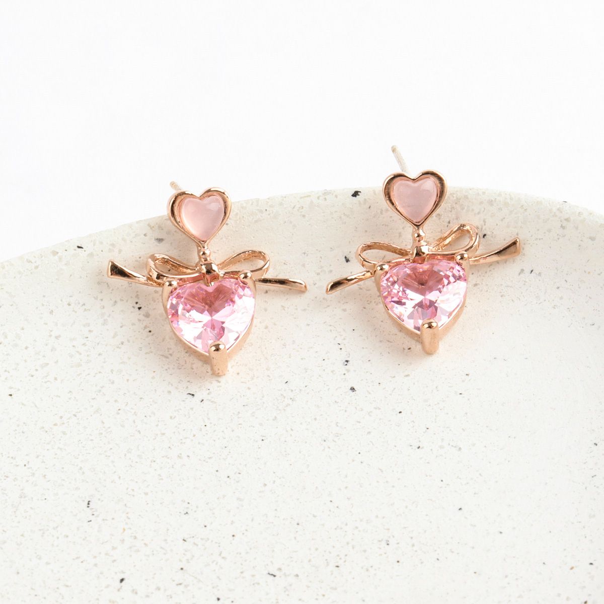 Pink Crystal Heart Ribbon Dainty Korean Earrings