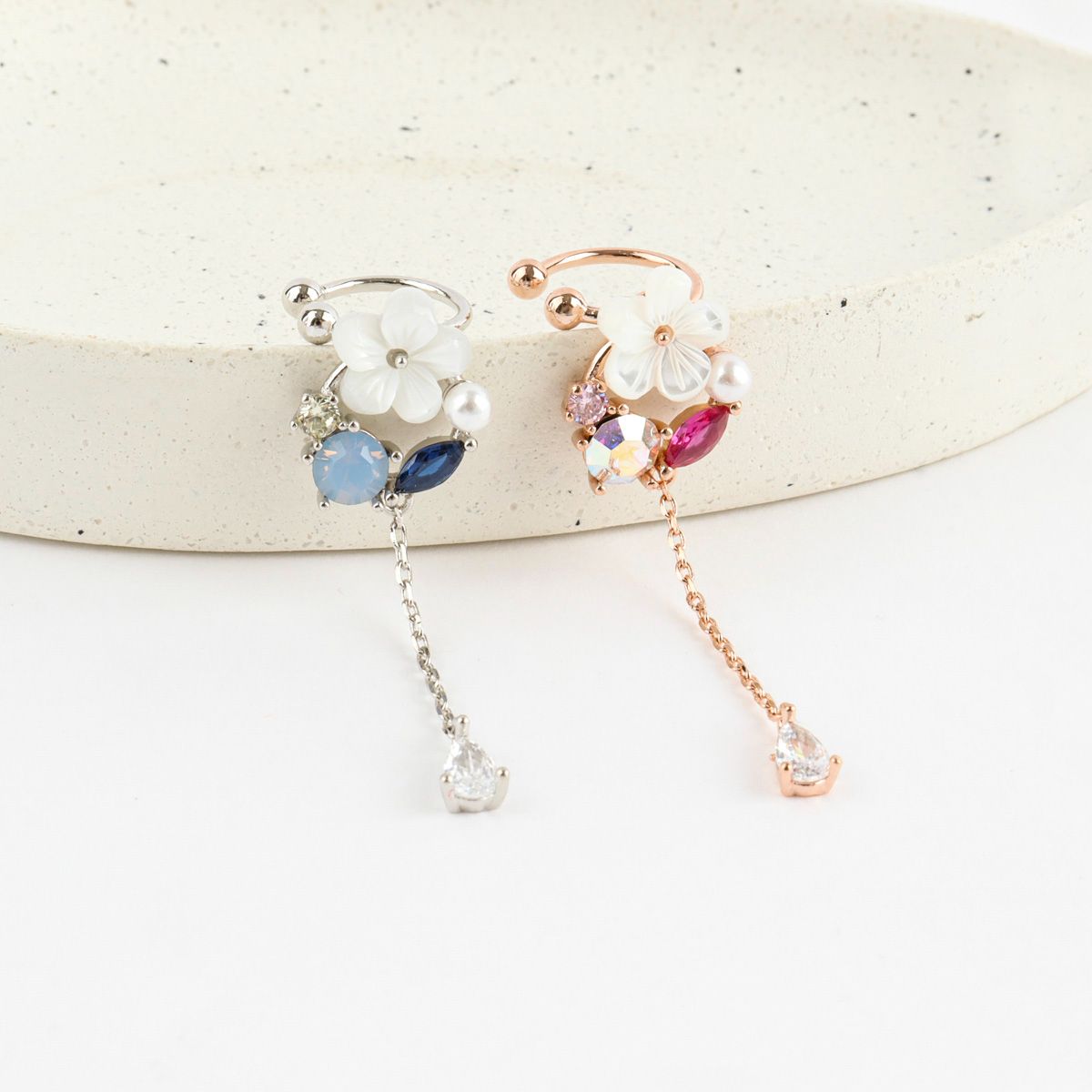 Mother of Pearl Flower Long Drop Ear-cuff - 2 colors