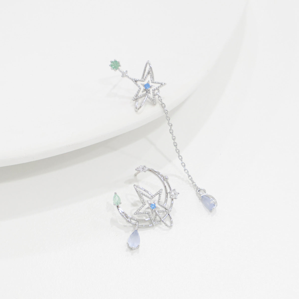 Mis-matched Moon Planet Chain Drop Dangle Earrings - 2 colors