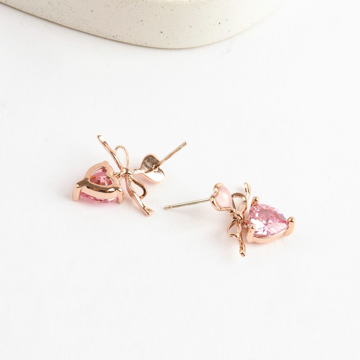 Pink Crystal Heart Ribbon Dainty Korean Earrings