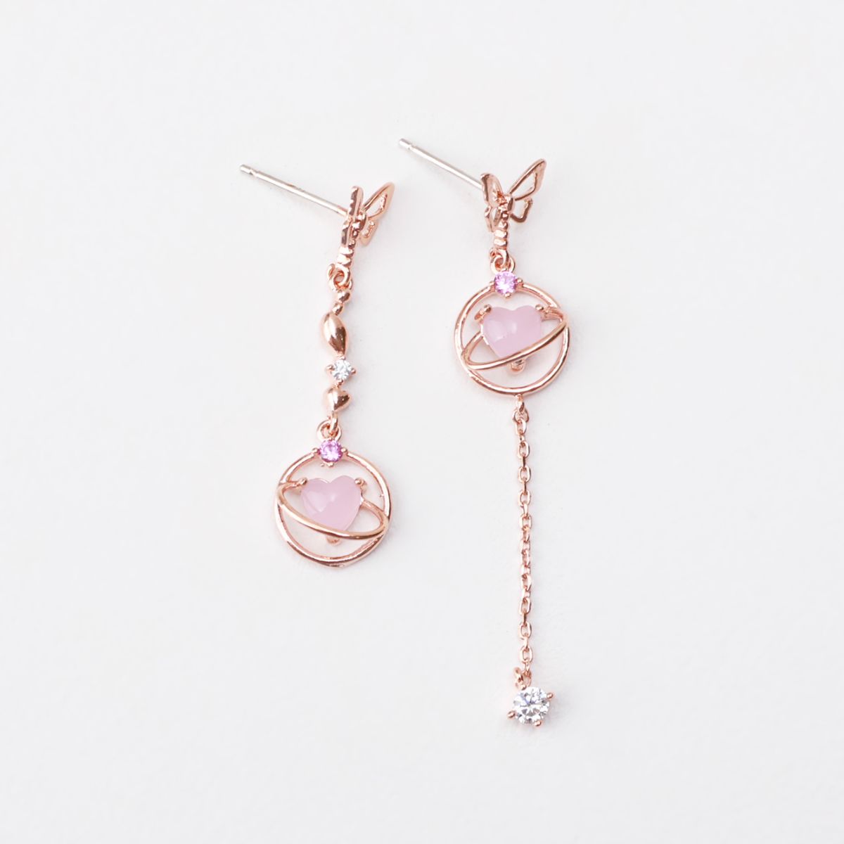 Mis-matched Heart Planet Chain Drop Dangle Earrings - 2 colors