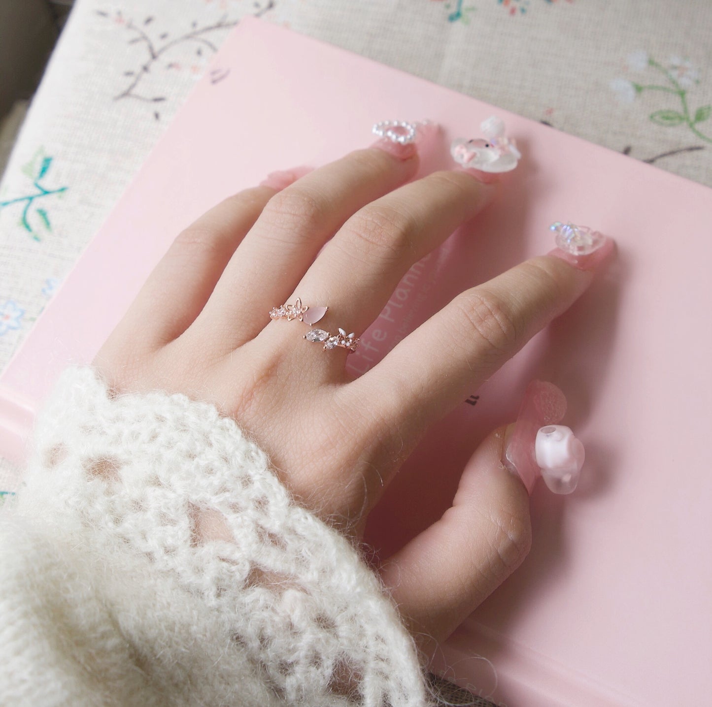Pastel Pink Flower Cubic Adjustable Ring