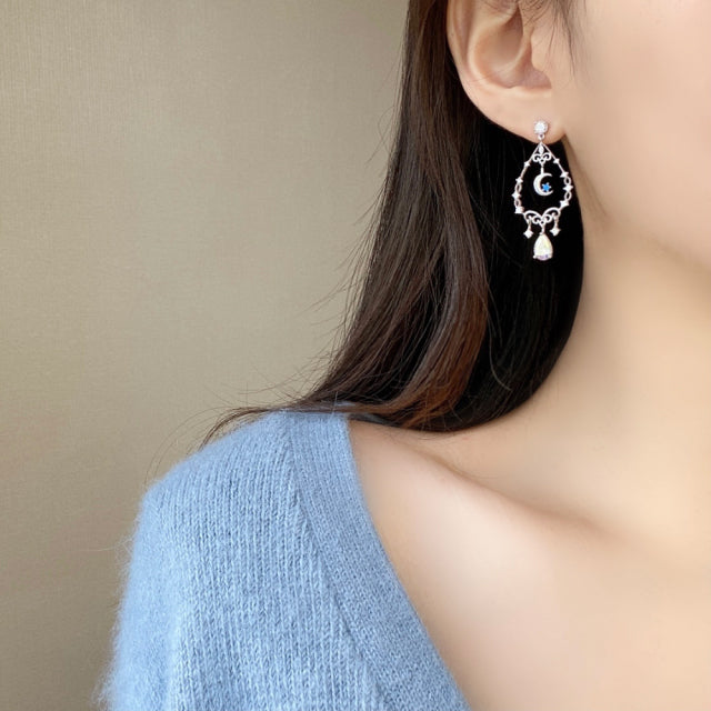 Romantic Dainty Blue Moon Crystal Korean Style Drop Earrings