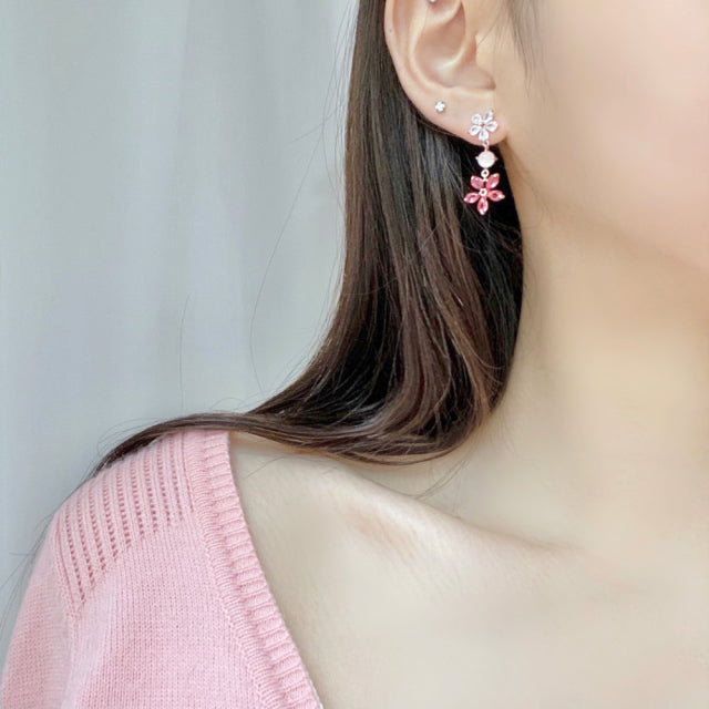 Flower Blossom String Dangle Silver Studs Earrings