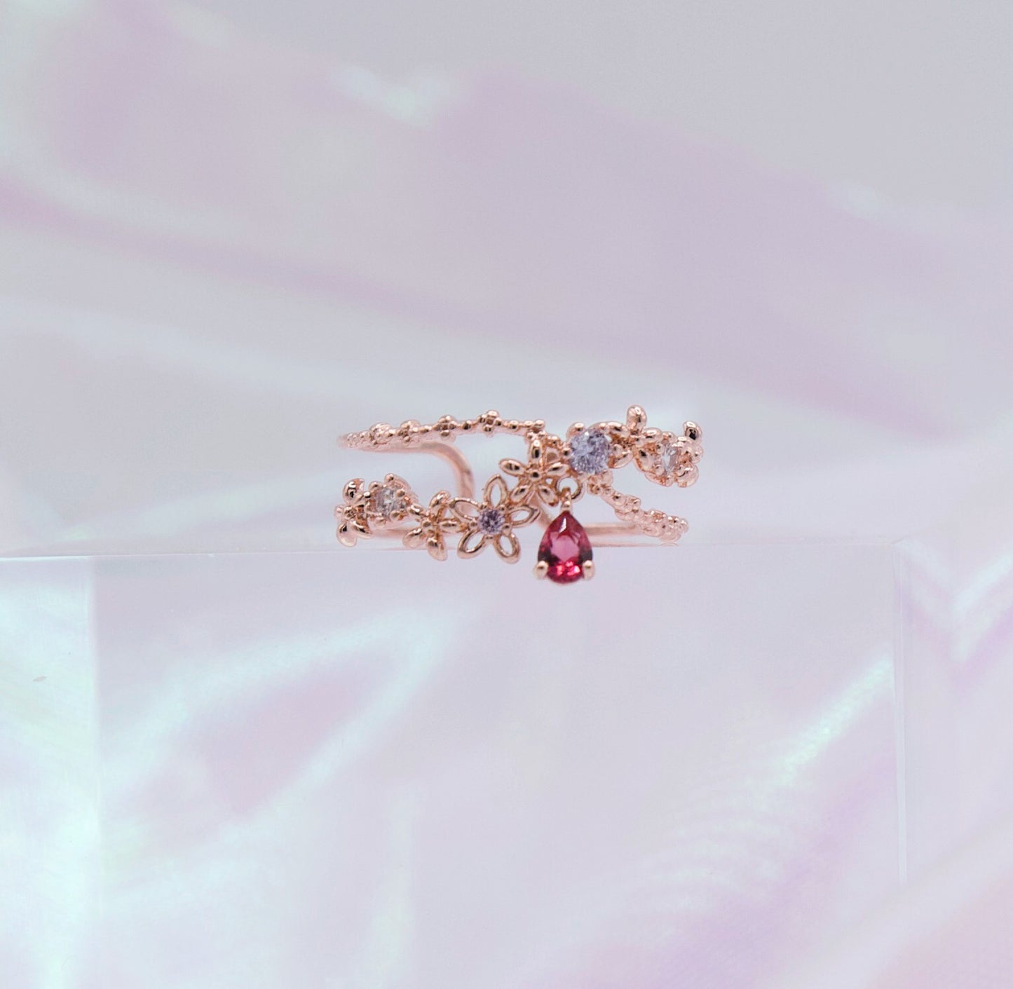 Crystal Drop Flower Layer Adjustable Ring - 2 colors