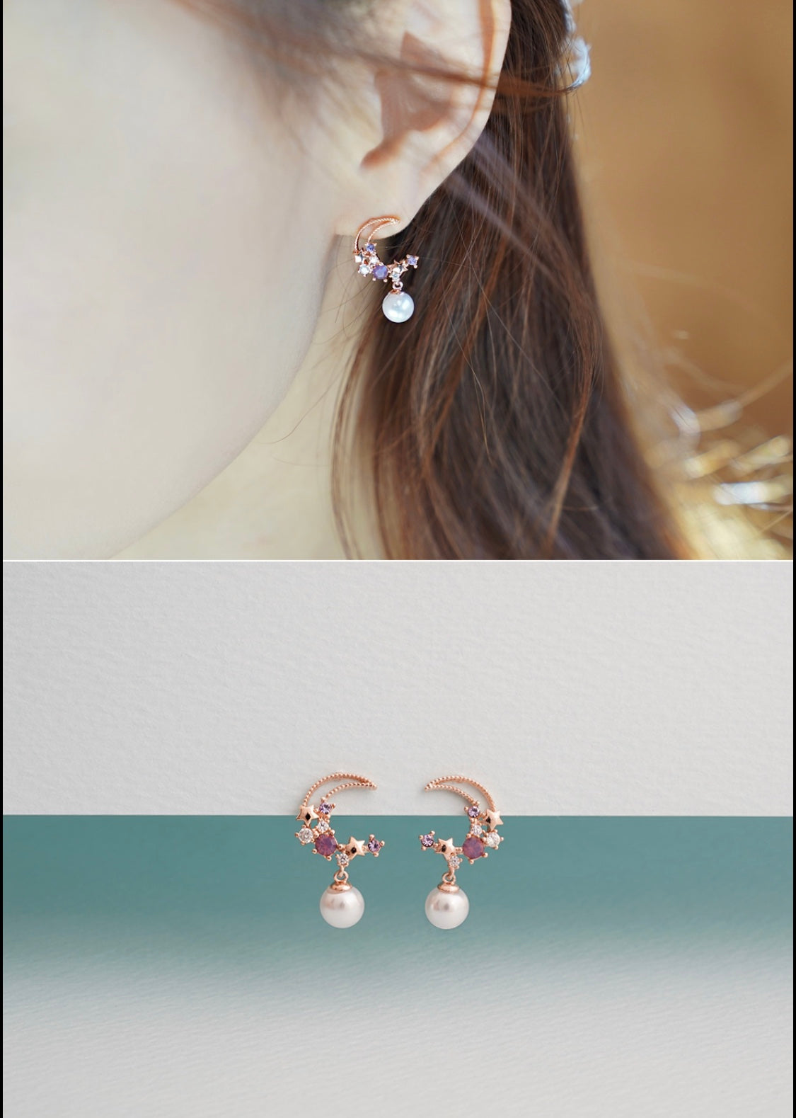 Korean Bling Romantic Moon Pearl Drop Silver Studs Earrings