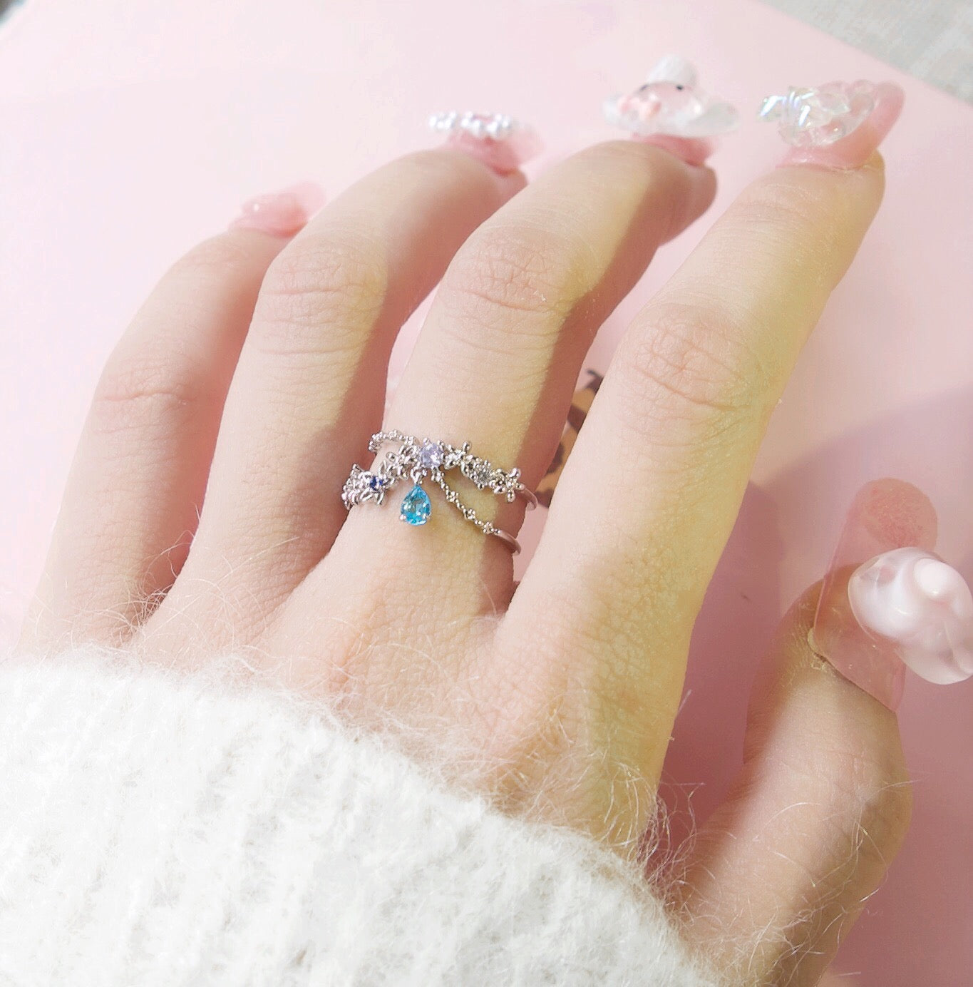 Crystal Drop Flower Layer Adjustable Ring - 2 colors