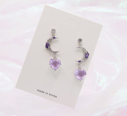 Sailor Saturn Magic Purple Moon Heart Drop Earrings