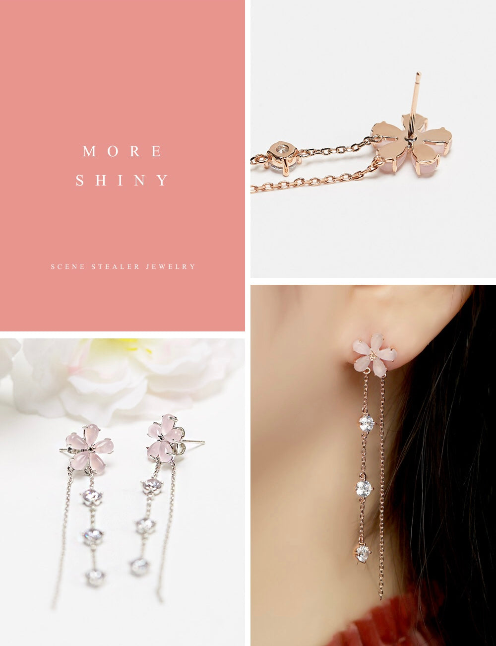 Korean Cute Sakura Romatic Crystal Drop Dangle Earrings