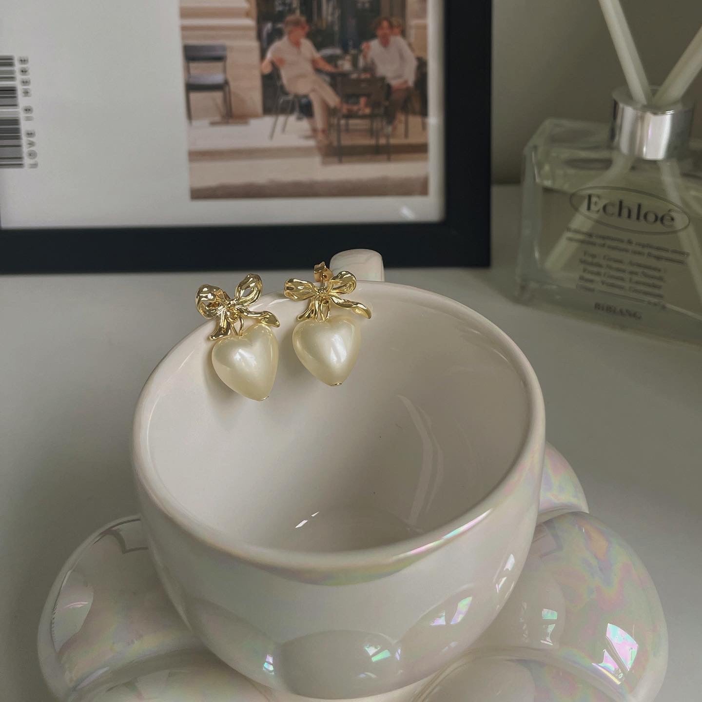 Korean Fashion Ribbon Heart Pearl Dainty Earrings