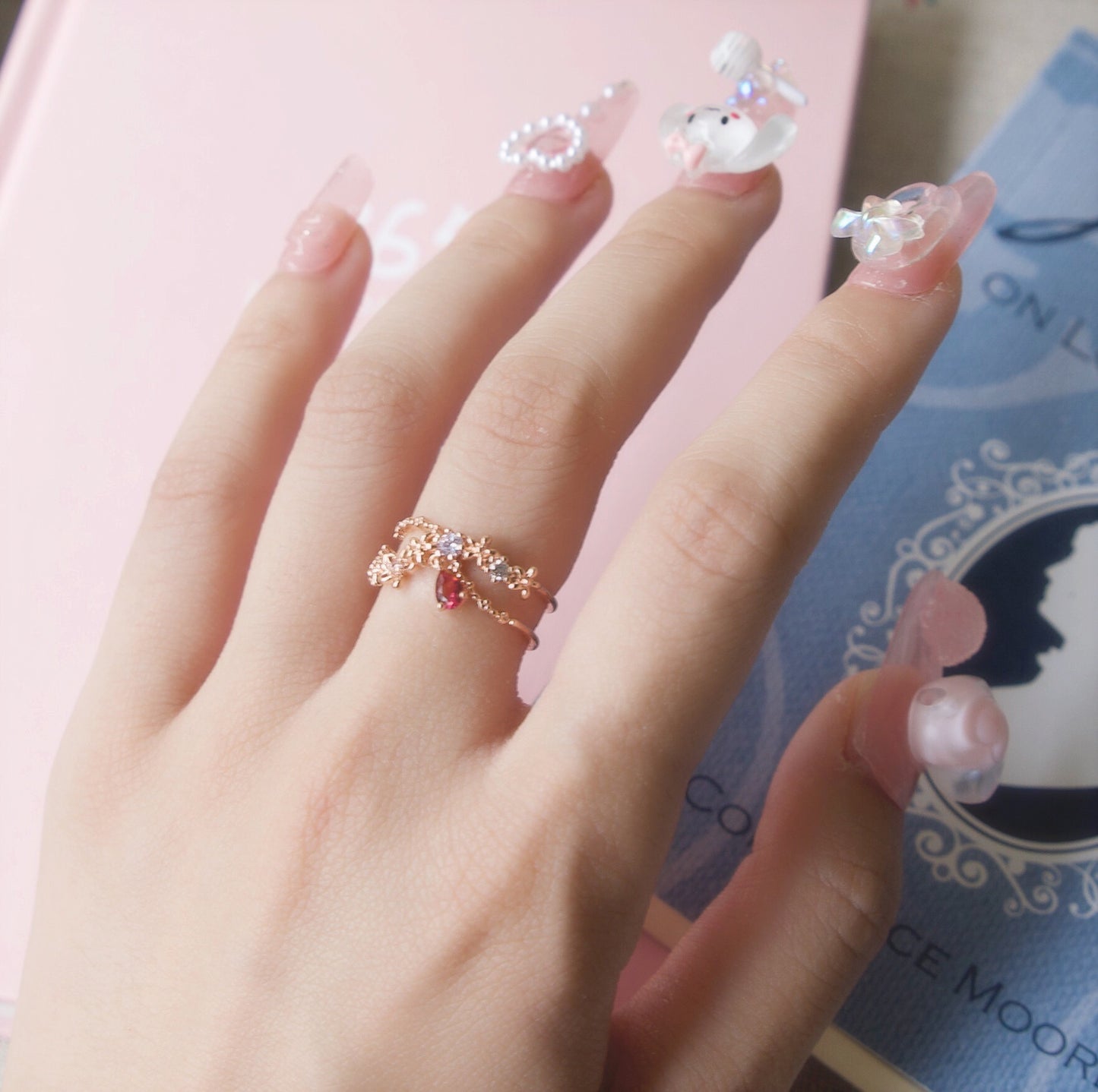 Crystal Drop Flower Layer Adjustable Ring - 2 colors