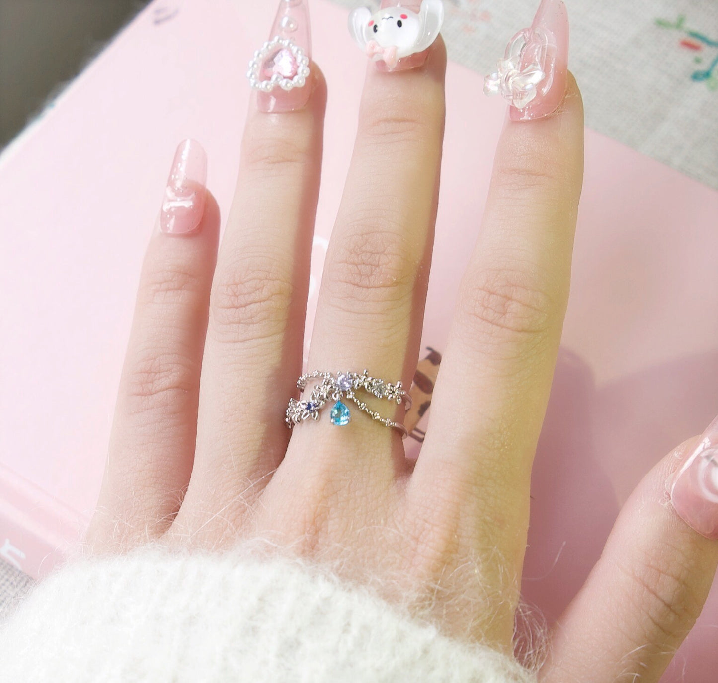 Crystal Drop Flower Layer Adjustable Ring - 2 colors