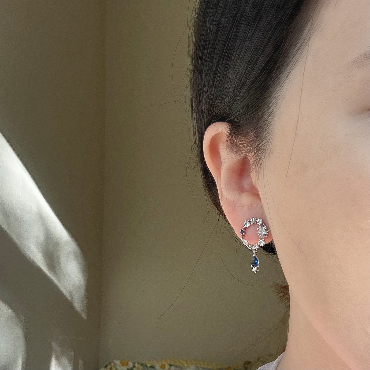 Romantic Flower Star Blue Sapphire Crystal Drop Earrings
