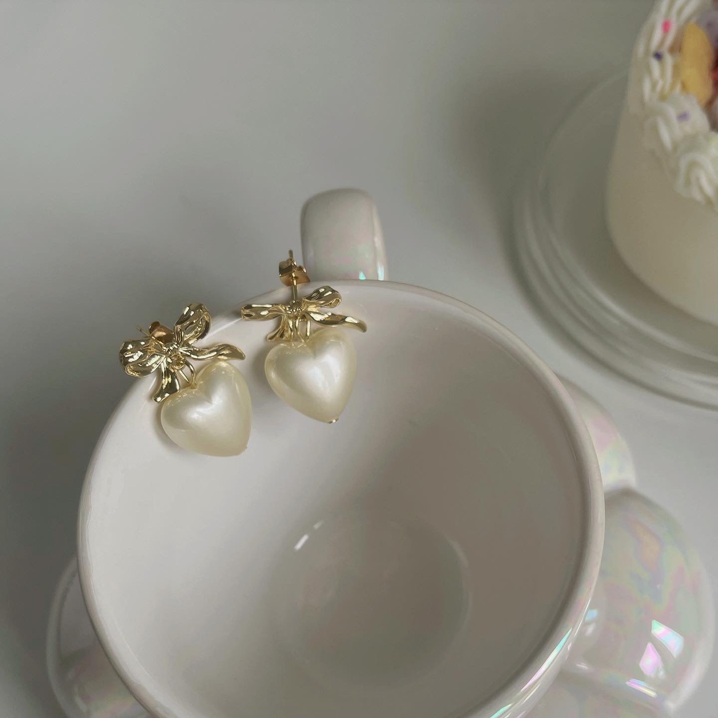 Korean Fashion Ribbon Heart Pearl Dainty Earrings