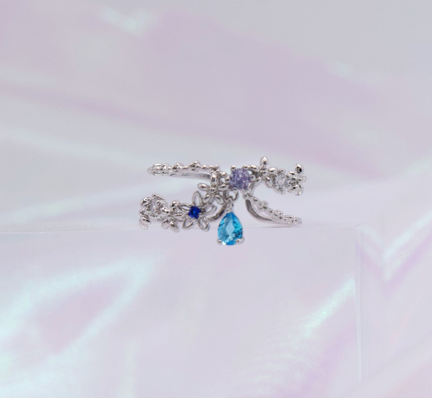 Crystal Drop Flower Layer Adjustable Ring - 2 colors