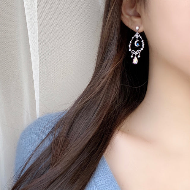 Romantic Dainty Blue Moon Crystal Korean Style Drop Earrings