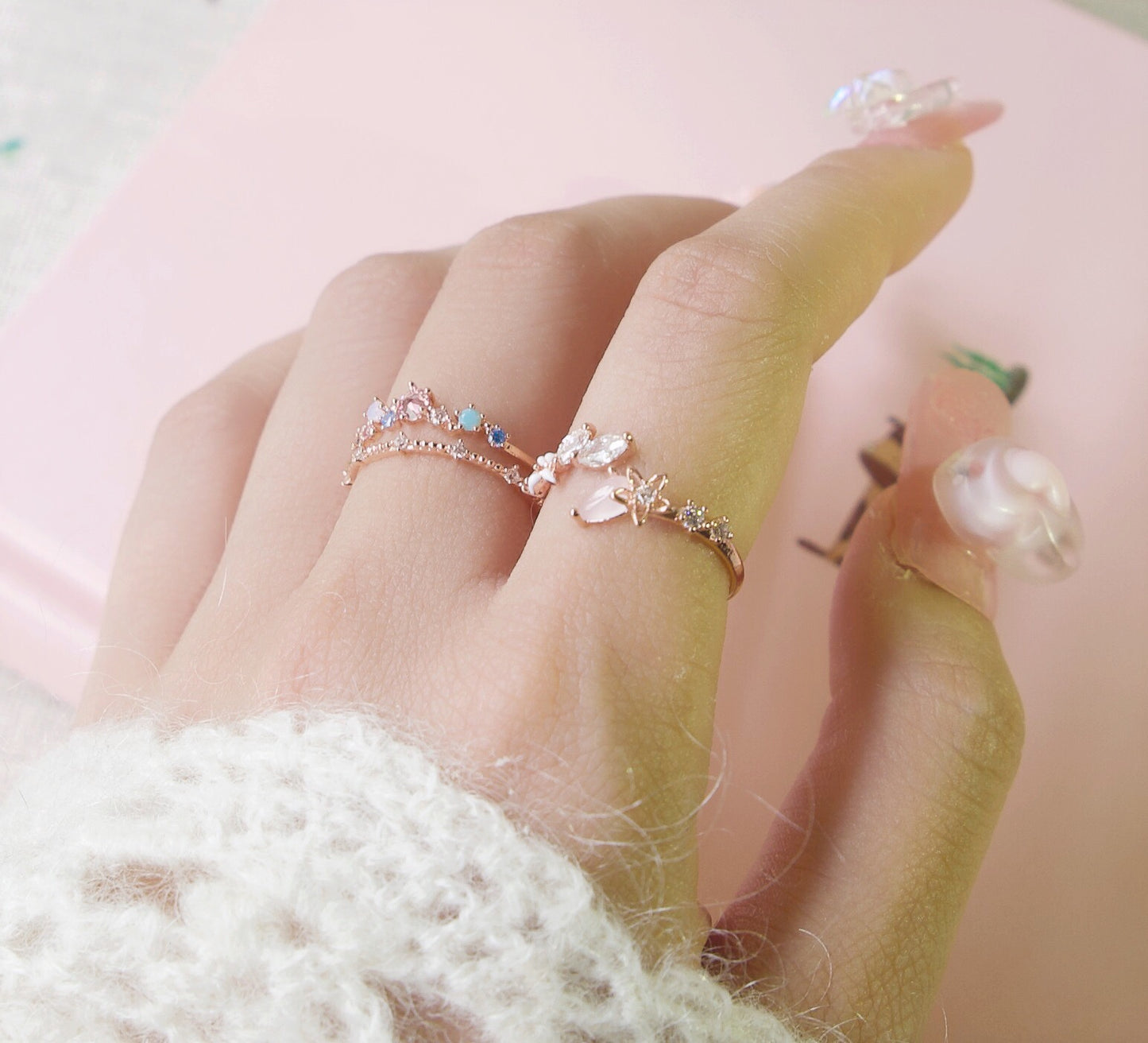 Pastel Pink Flower Cubic Adjustable Ring