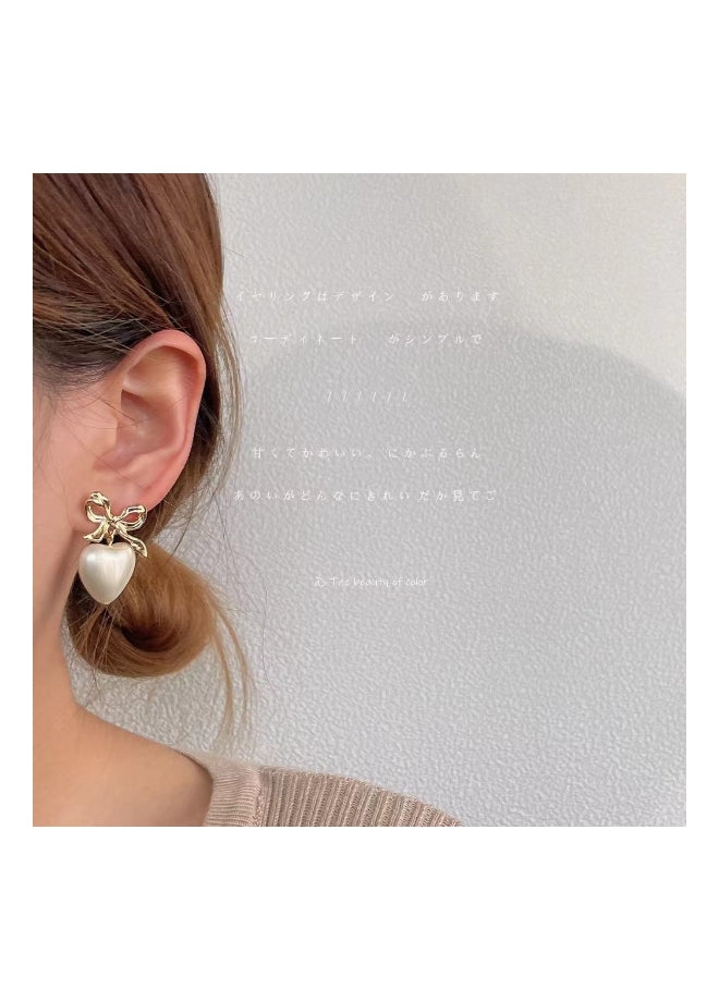 Korean Fashion Ribbon Heart Pearl Dainty Earrings