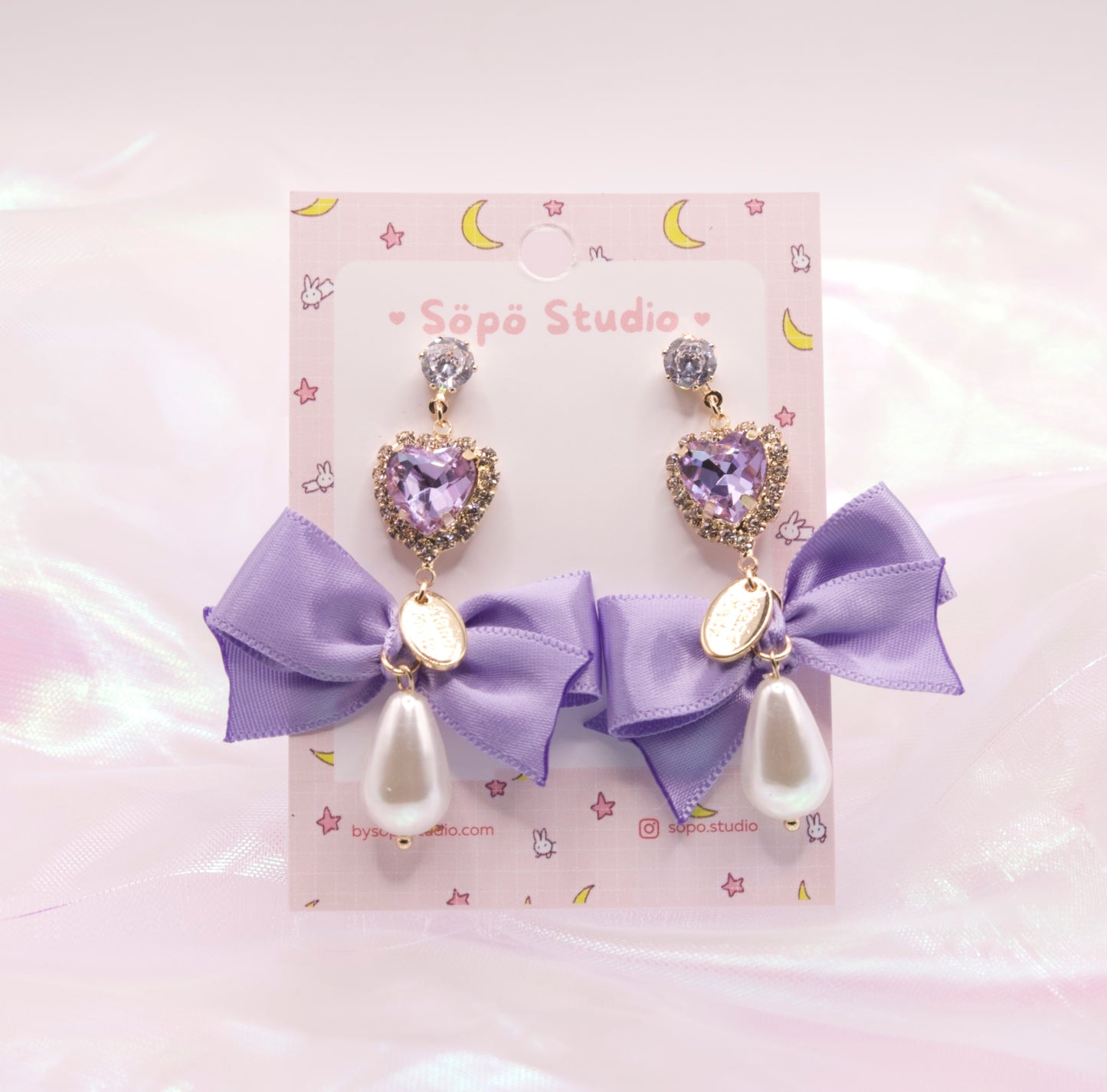 Crystal Heart Ribbon Pearl Lolita Dangle Earrings