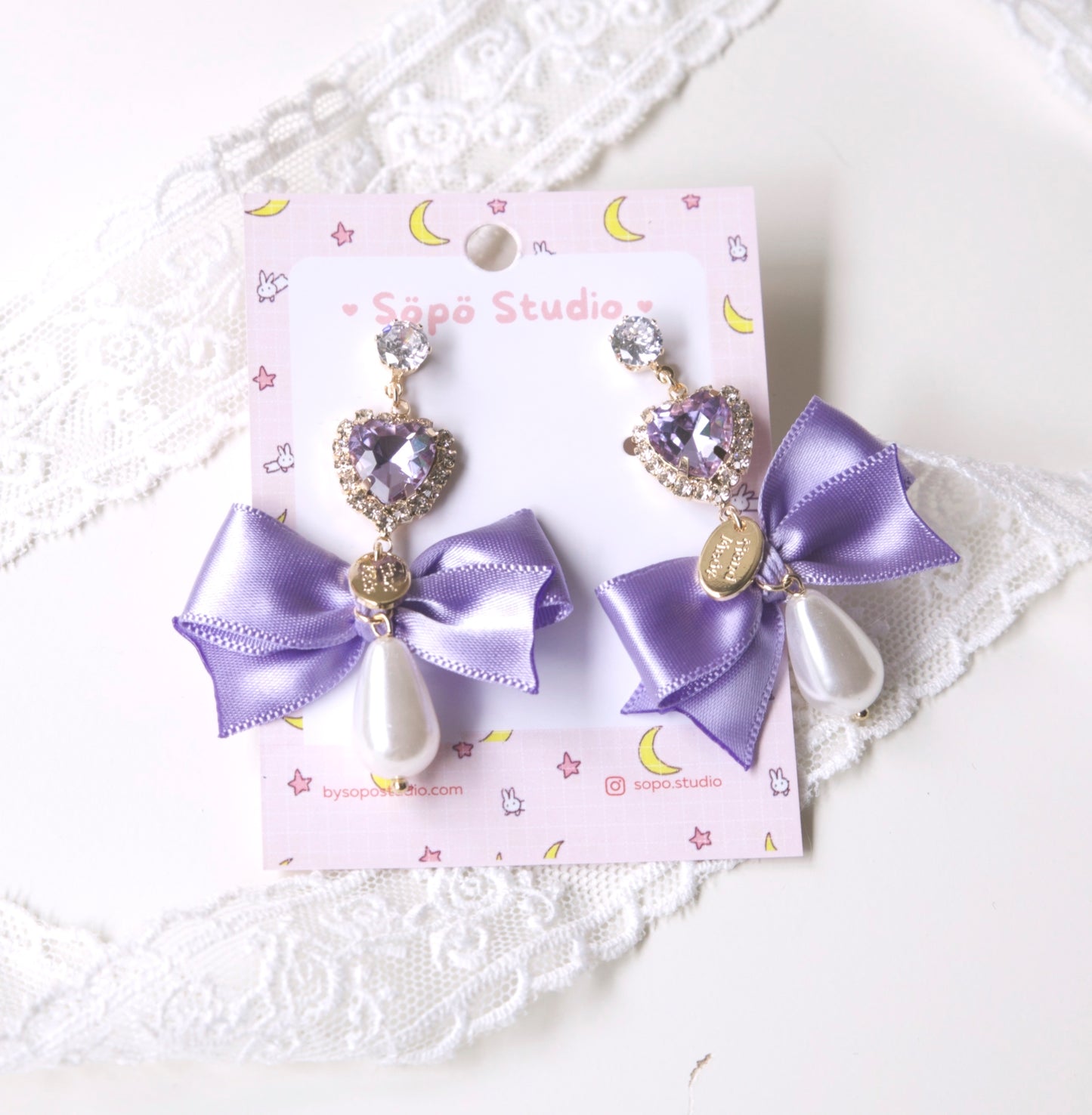Crystal Heart Ribbon Pearl Lolita Dangle Earrings