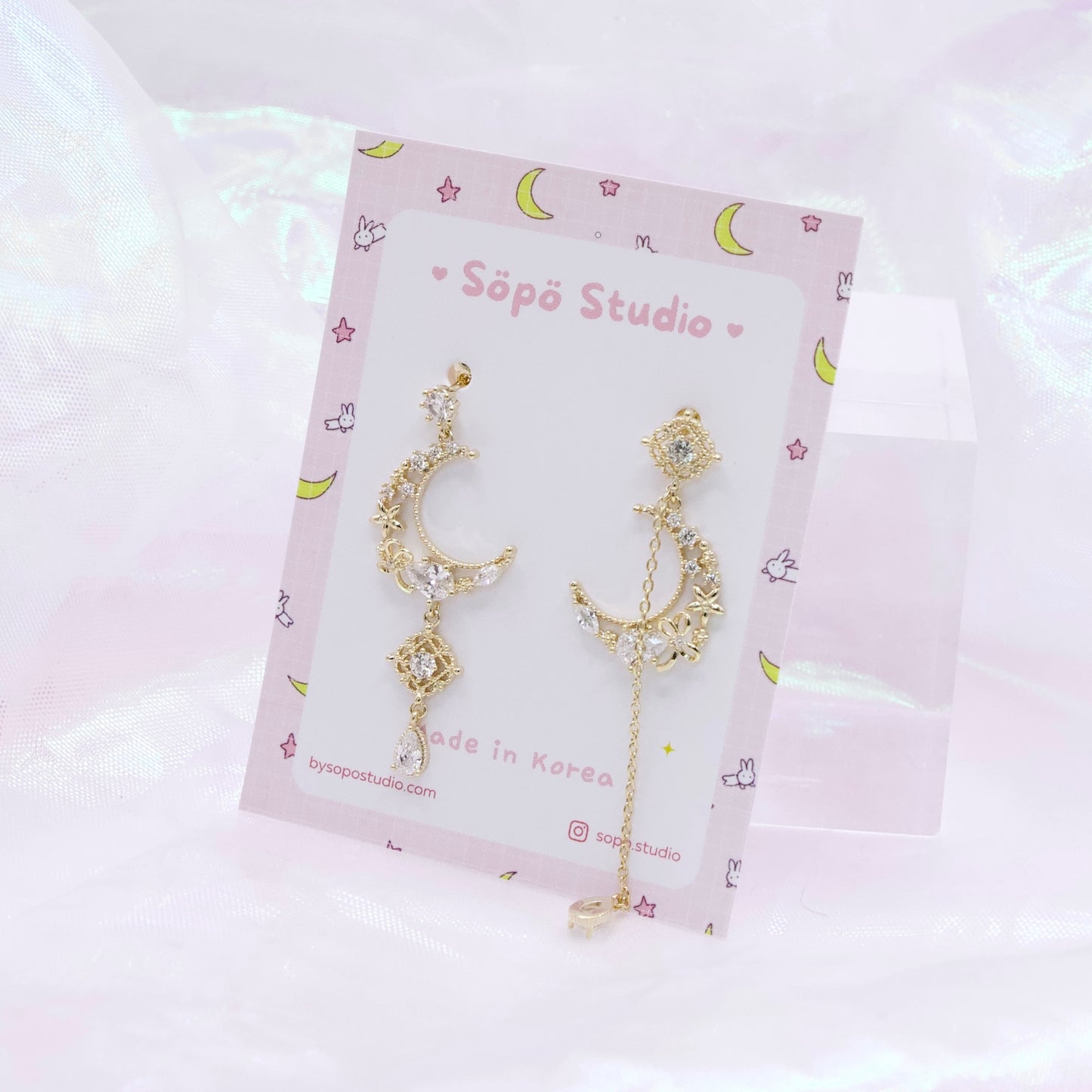Mis-matched Crystal Moon Chain Drop Dainty Style Dangle Silver Posts Earrings 3 colours