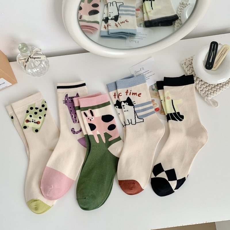 Cute Illustration Cat Bunny High Collar Socks