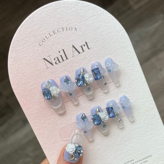 Blue Flower Charms Gradient Handmade Press-on Nails