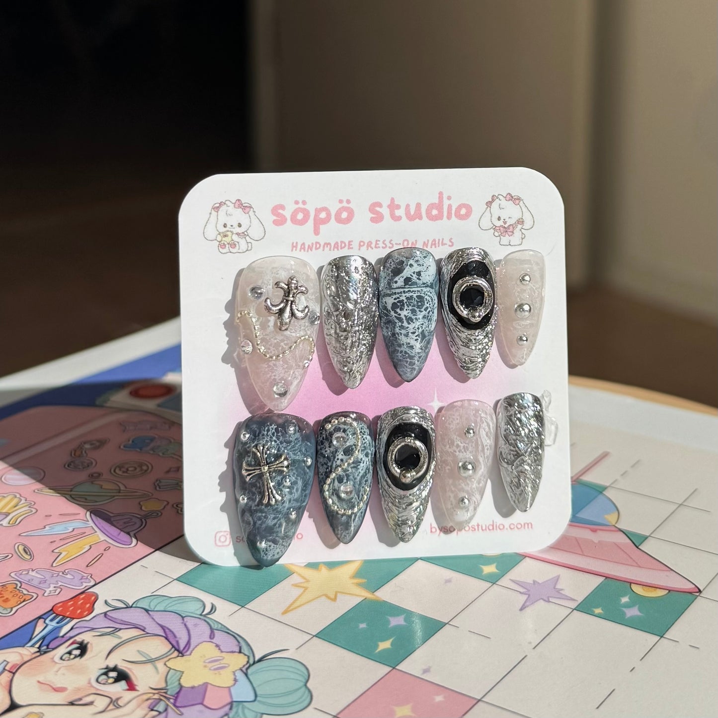Dark Blue Gothic Silver Handmade Press-on Nails