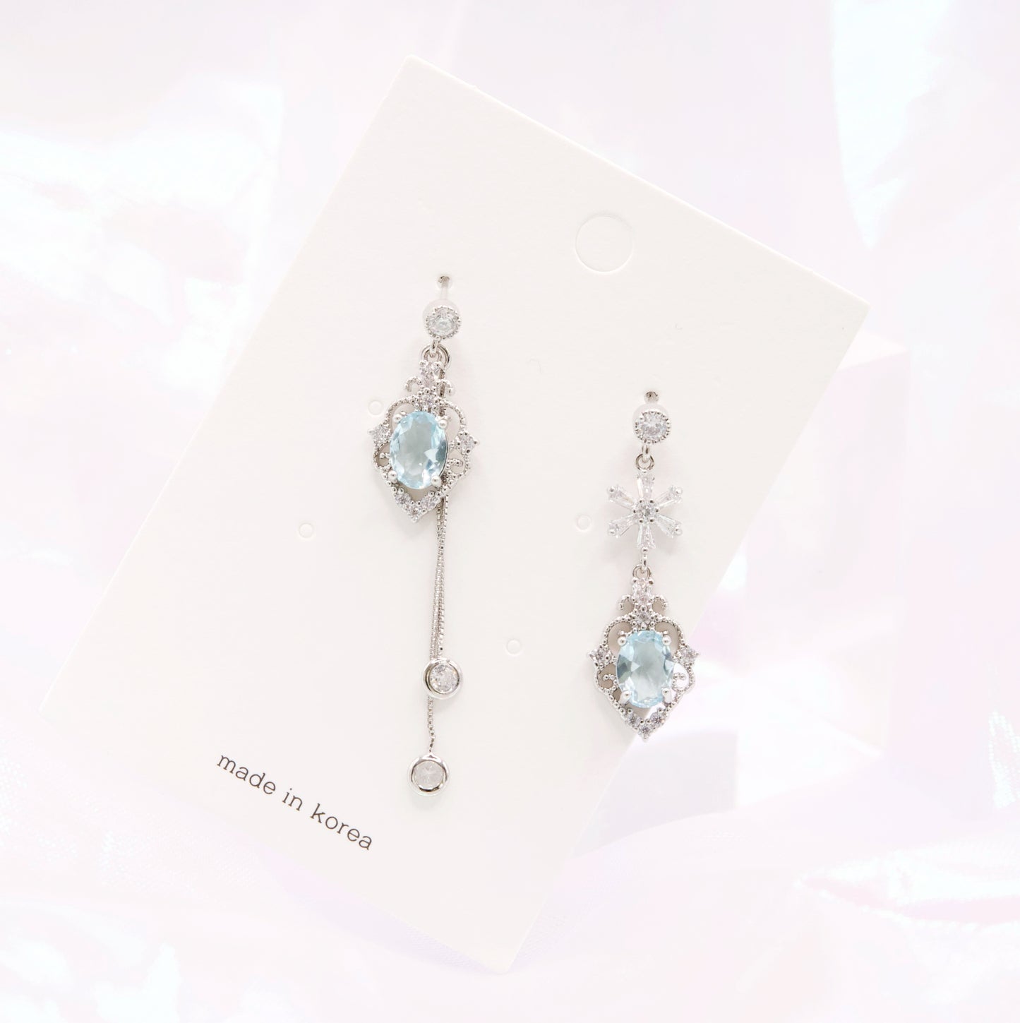 Mismatched Pastel Blue Crystal Heart Dainty Style Korean Earrings