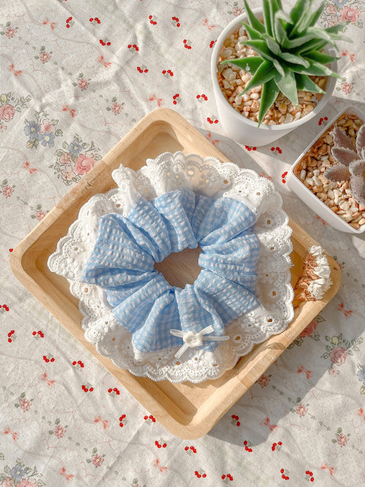 Dreamy Blue Summer Cotton Lace Scrunchie