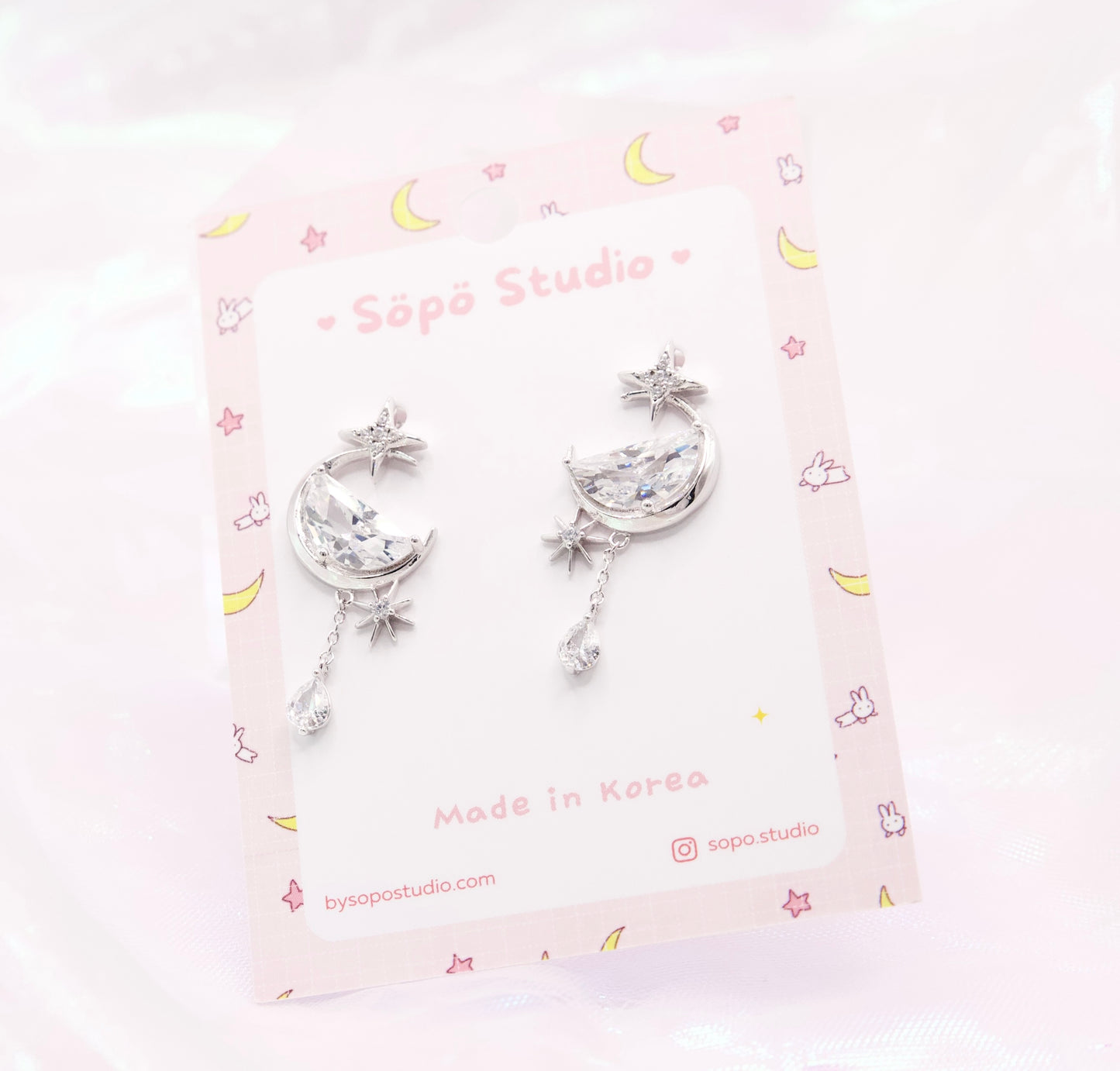 Glass Crescent Moon Planet Dangle Korean Dainty Style Earrings