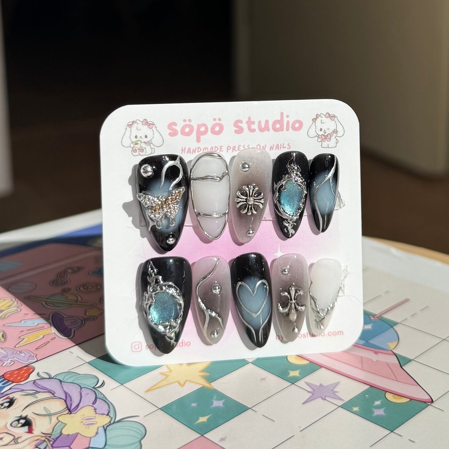 Blue Glitter Butterfly Black Gothic Handmade Press-on Nails