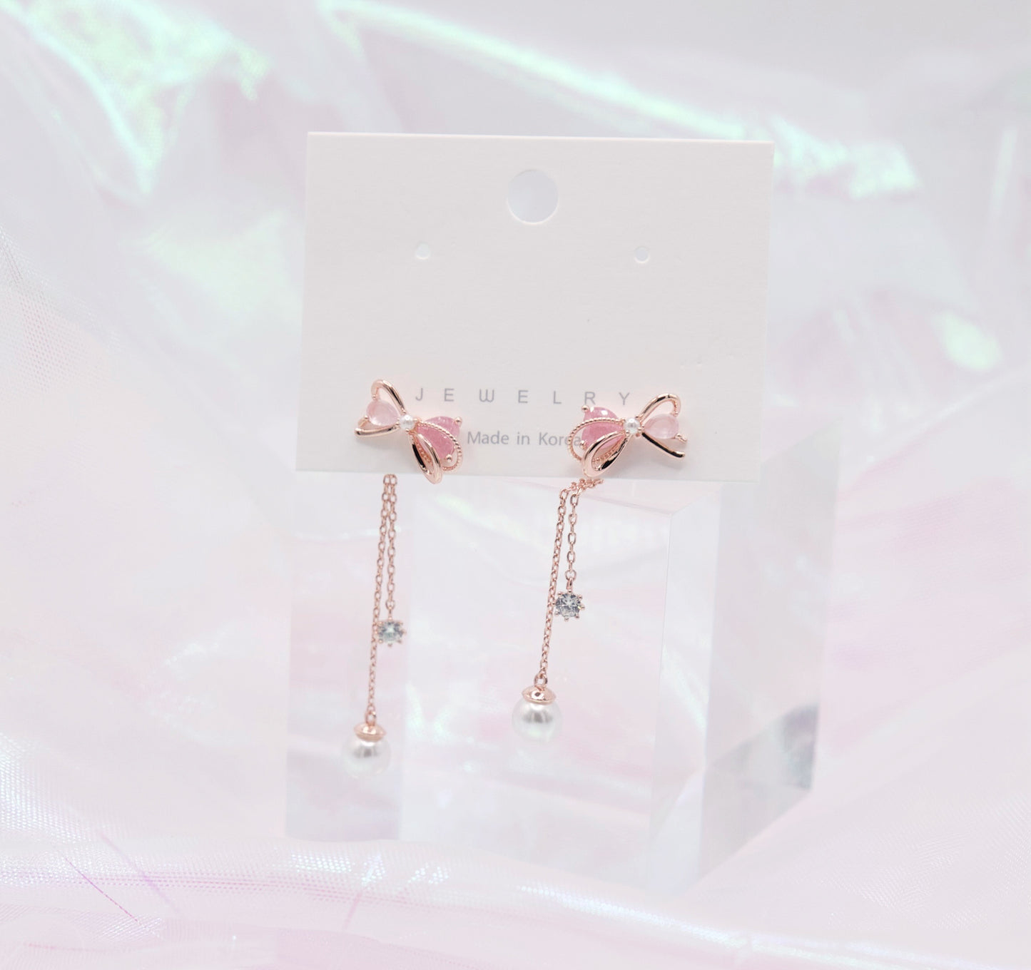 Cute Petit Pink Ribbon Pearls Chain Drop Earrings