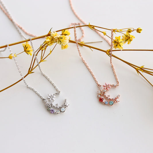 Crystal Stone Moon Elegant Style Korean Necklace - Made in Korea