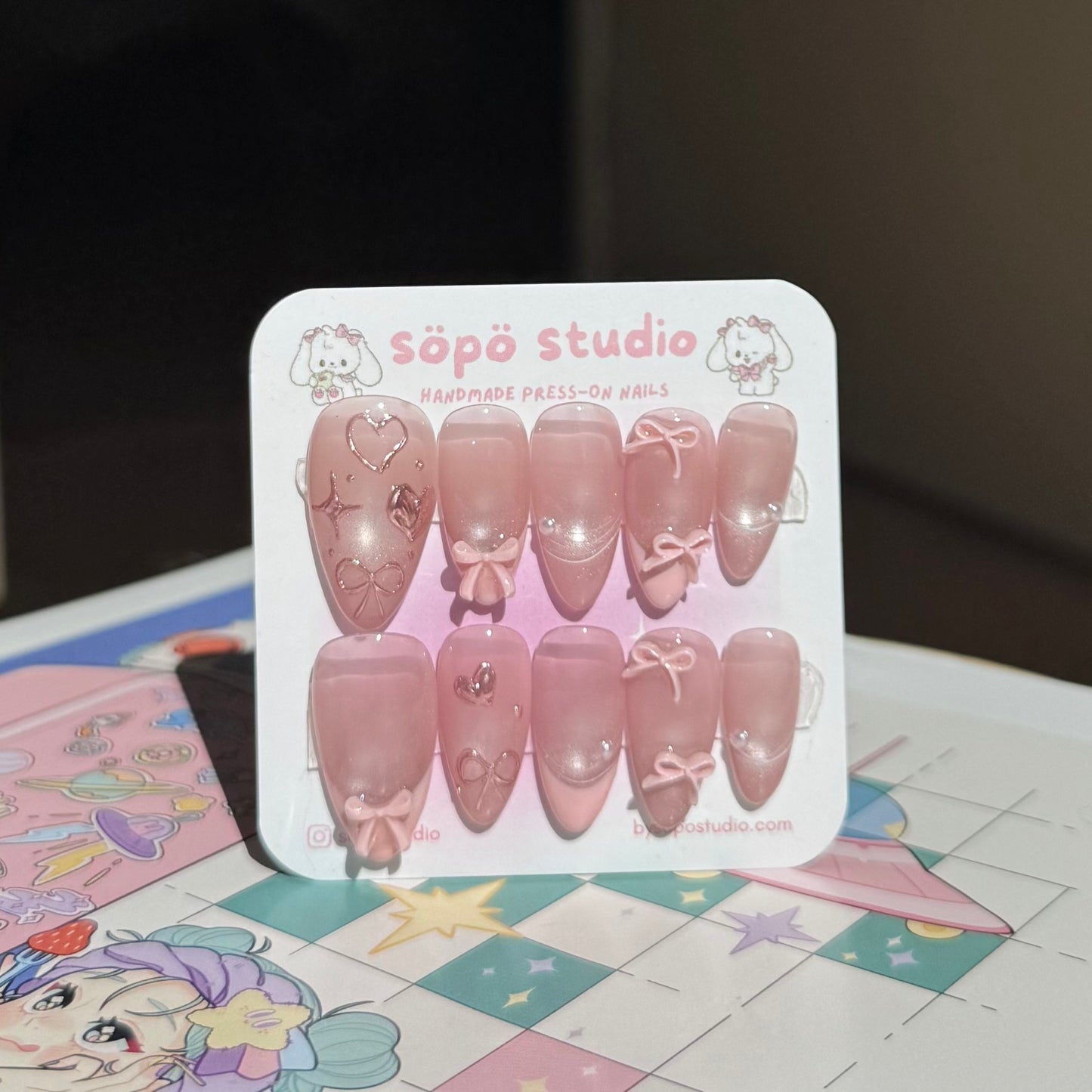 Coquette Pastel Pink Cat Eyes Ribbon Handmade Press-on Nails