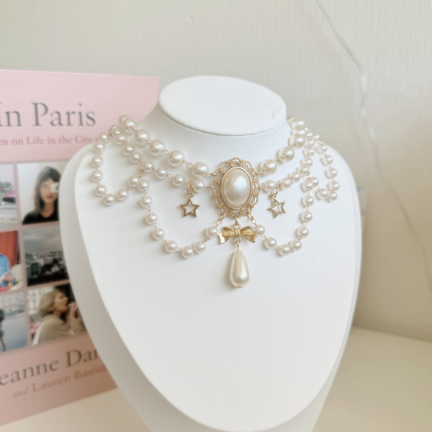 Vintage Cute Baroque Layered Ribbon Pearl Drop Choker