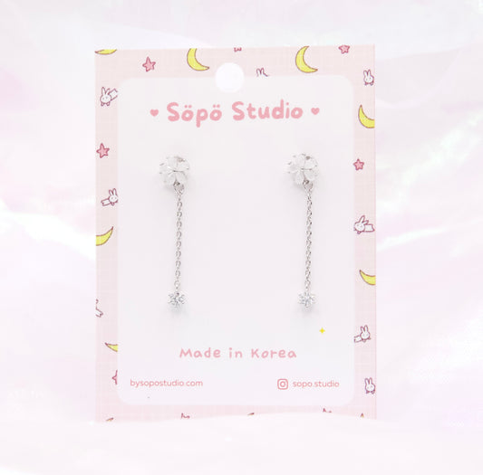 Crystal Petit Flower Chain Drop Dangle Korean Dainty Style Earrings