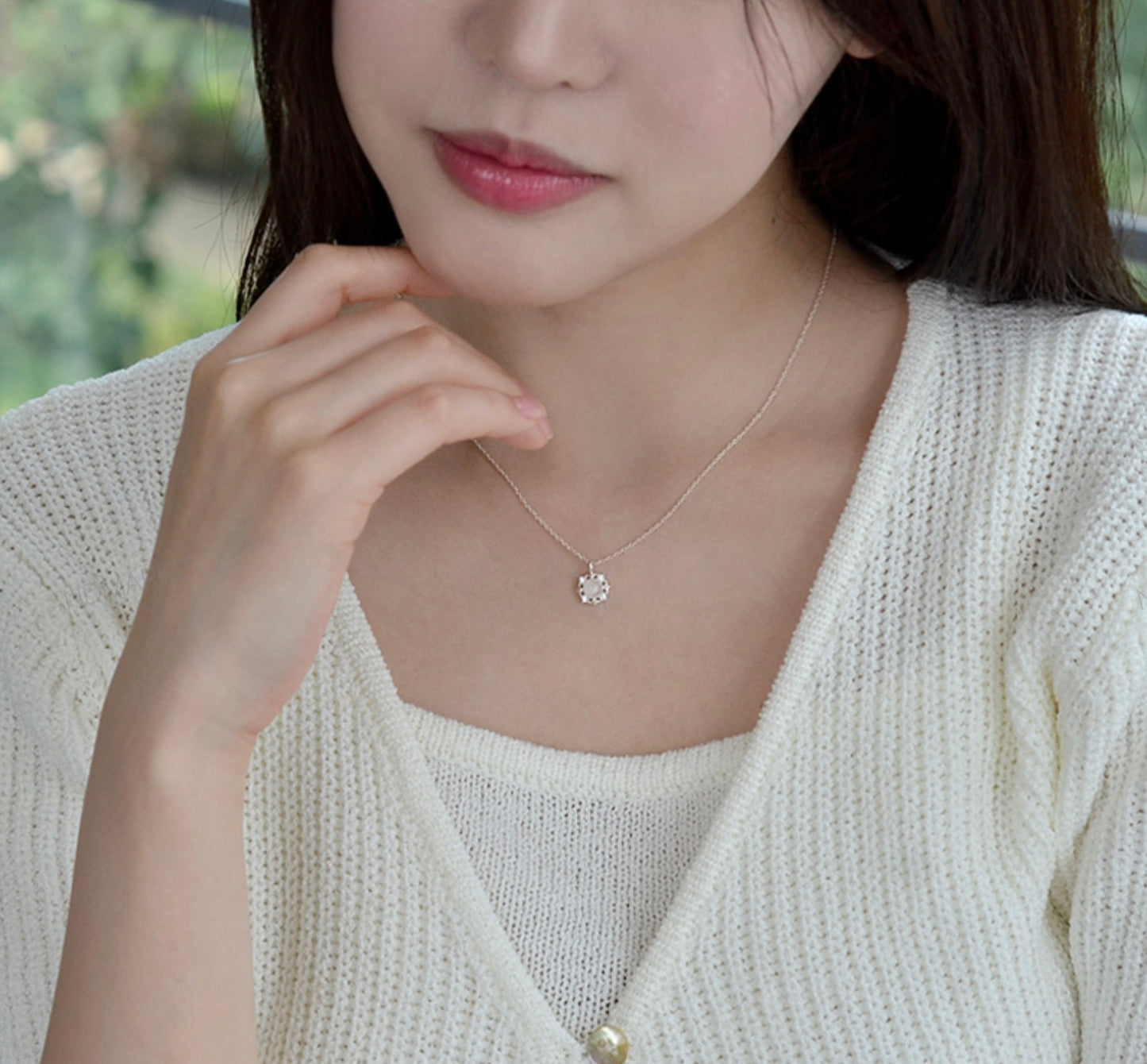 Sterling Silver Natural Stone Royal Romance Elegant Korean Necklace - Aquamarine/Rose Quartz Stone