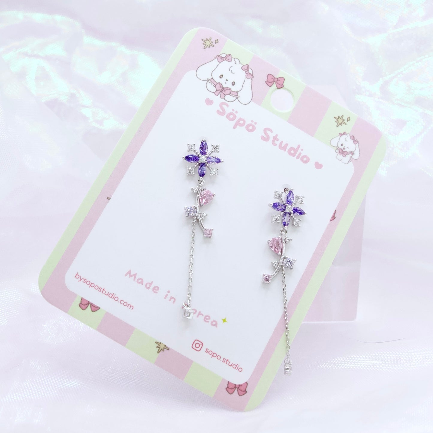 Purple Glass Flower Korean Chain Drop Dainty Style Earrings