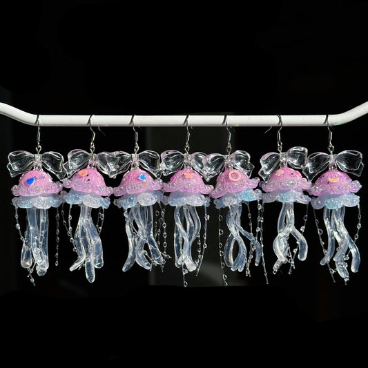 Handmade Jellyfish Stainless Steel Hook Earrings - Pink Blue
