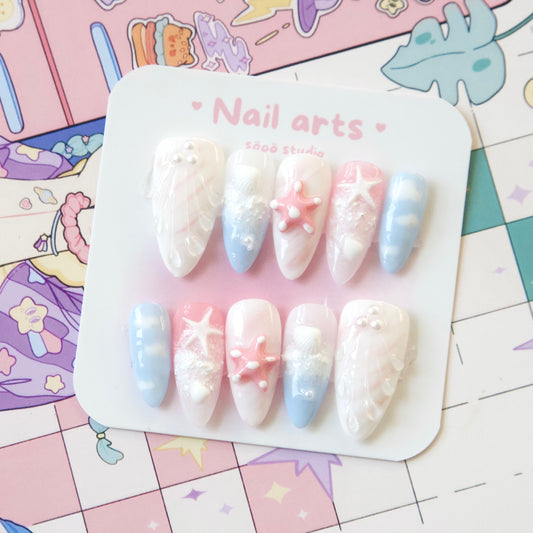 Sky Pink Blue Holiday Shellfish Ocean Themed Hand Draw Handmade Press-on Nails