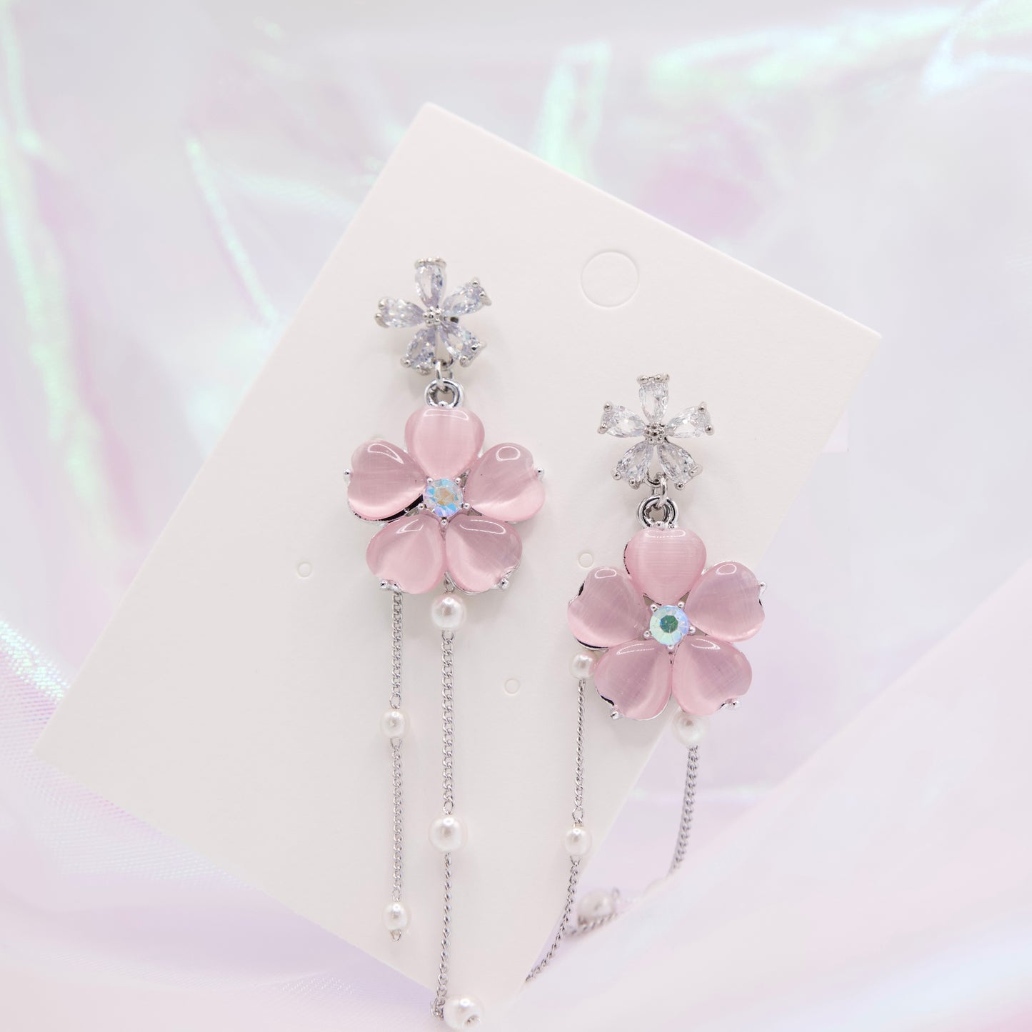Spring Crystal Pink Sakura Pearl Drop Dangle Earrings