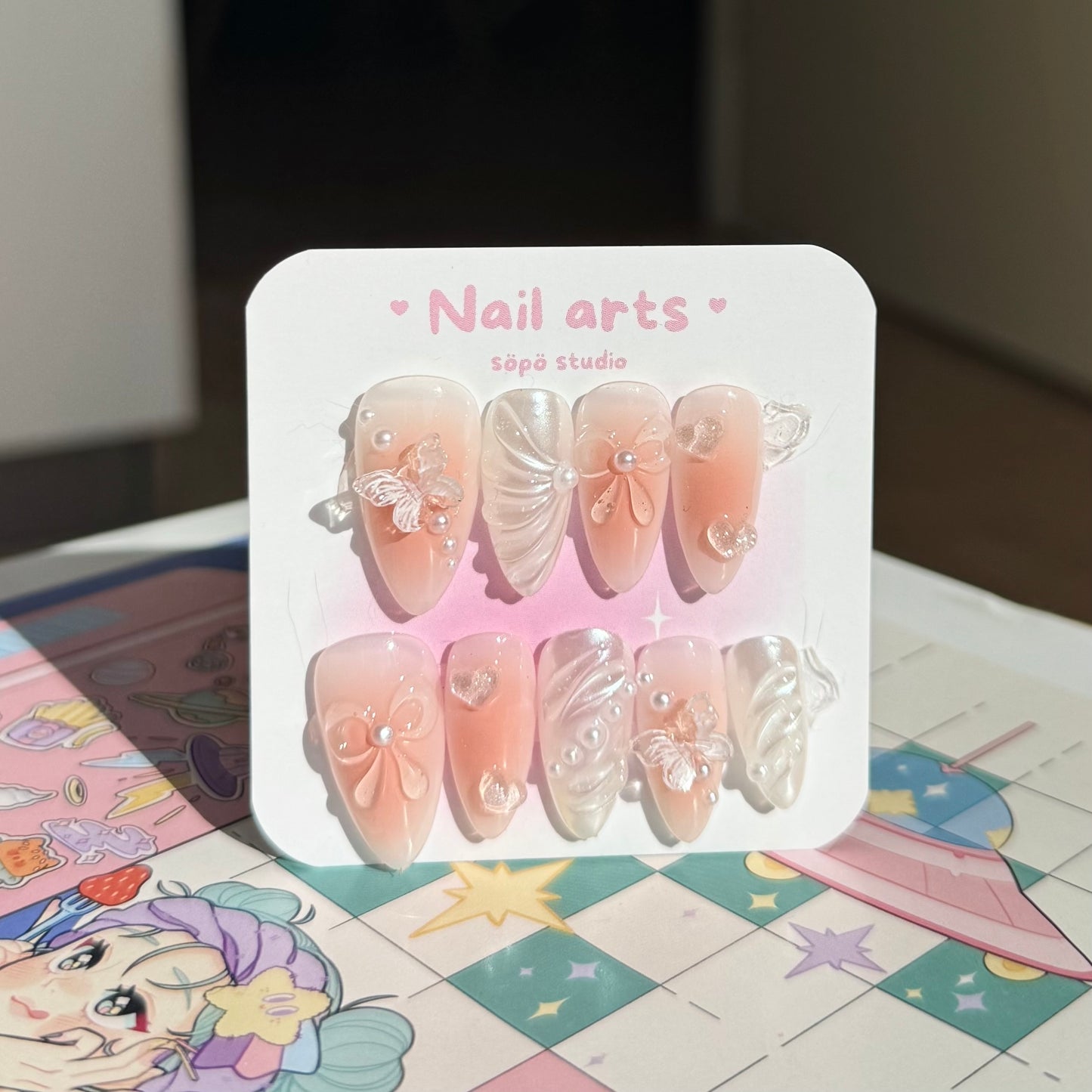 Peach Summer Butterfly Cute Korean Style Handmade Press-on Nails