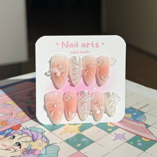 Peach Summer Butterfly Cute Korean Style Handmade Press-on Nails
