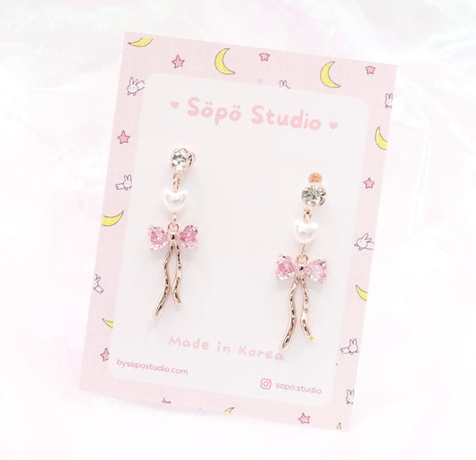 Heart Elegant Pearl Bow Kawaii Dangle Korean Dainty Style Earrings