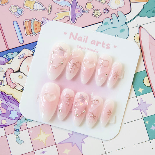 Petit Ribbon Gradient Pink Metallic 3D Gel Handmade Press-on Nails