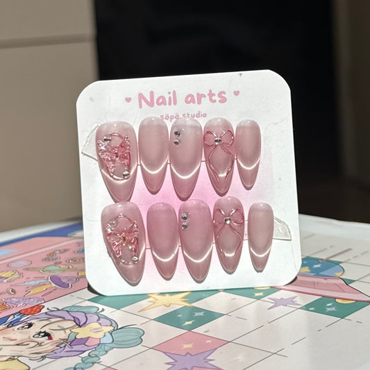 Coquette Pink Butterfly Heart Glitter Cute Korean Style Handmade Press-on Nails