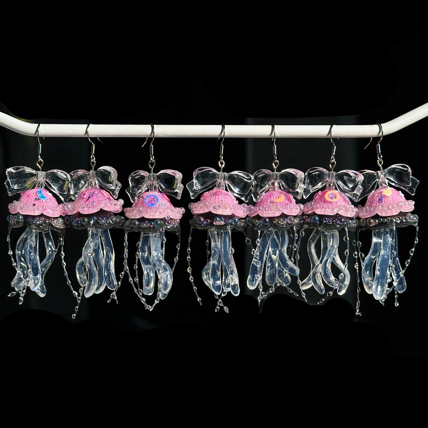 Handmade Jellyfish Stainless Steel Hook Earrings - Black Pink