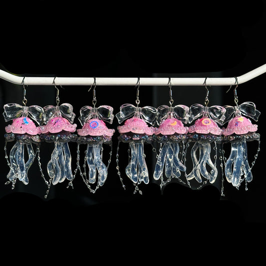 Handmade Jellyfish Stainless Steel Hook Earrings - Black Pink